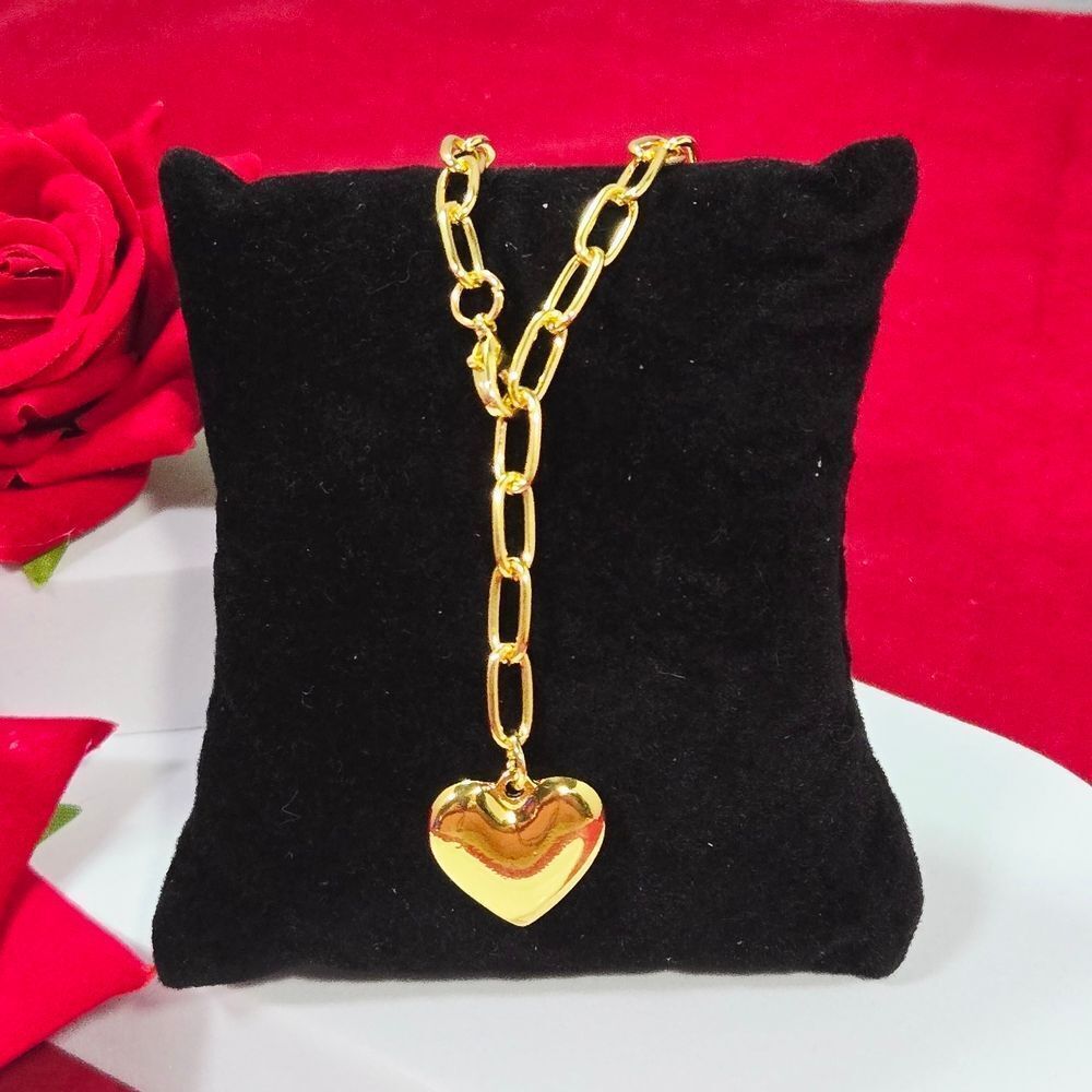 Gold Puffy Heart Pendant Paperclip Chain Necklace Stainless Steel Valentine Gift